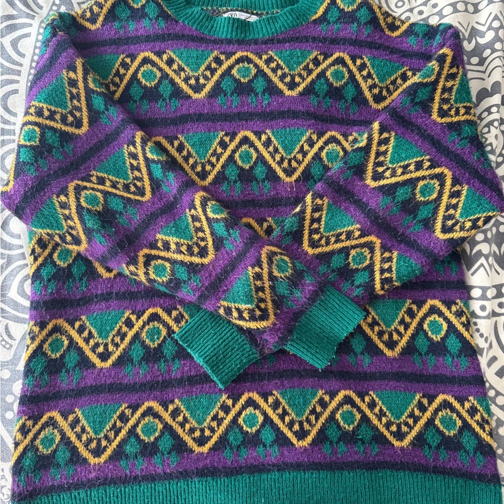 ZARA Green & Purple Geometric Knit Sweater - Women